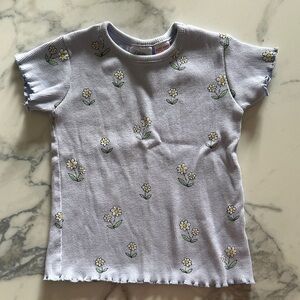 Zara Kids' Daisy Print Ribbed T-Shirt in Light Blue